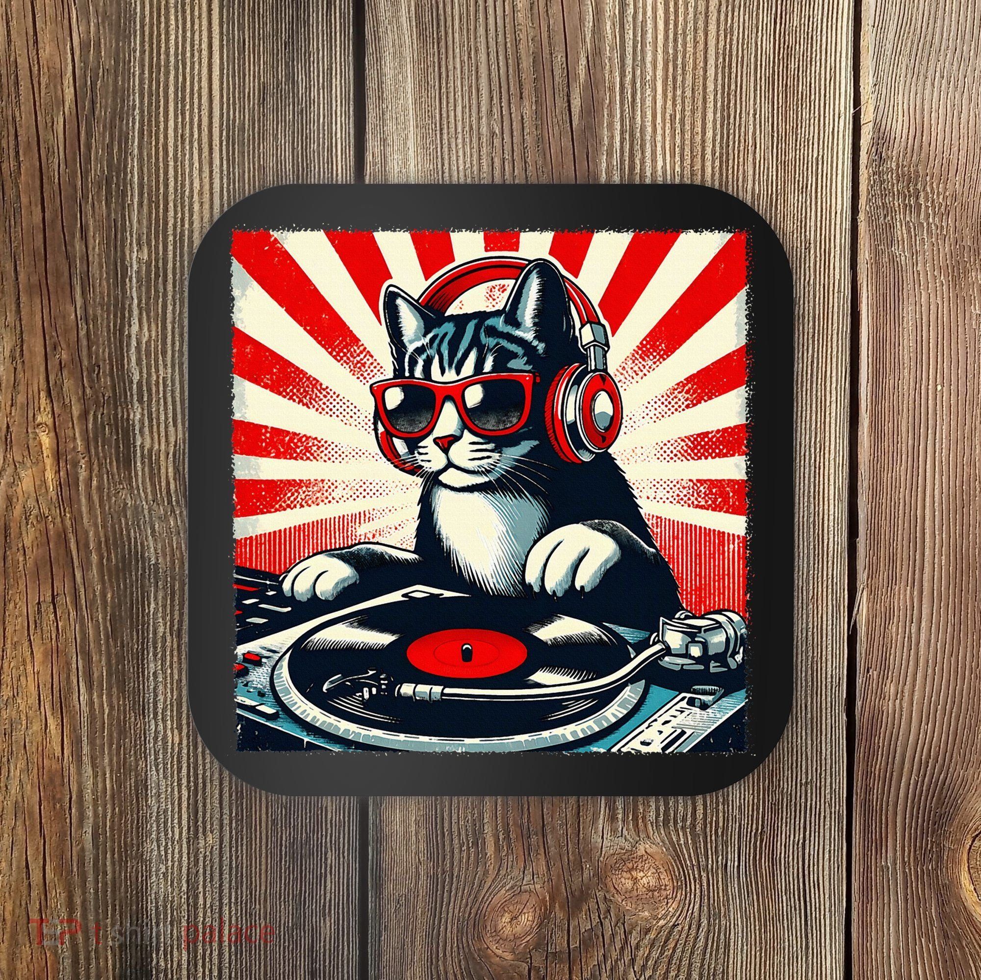 Retro Funny Dj Cat Disco Sound Tech Headphone Music Kitten Coaster