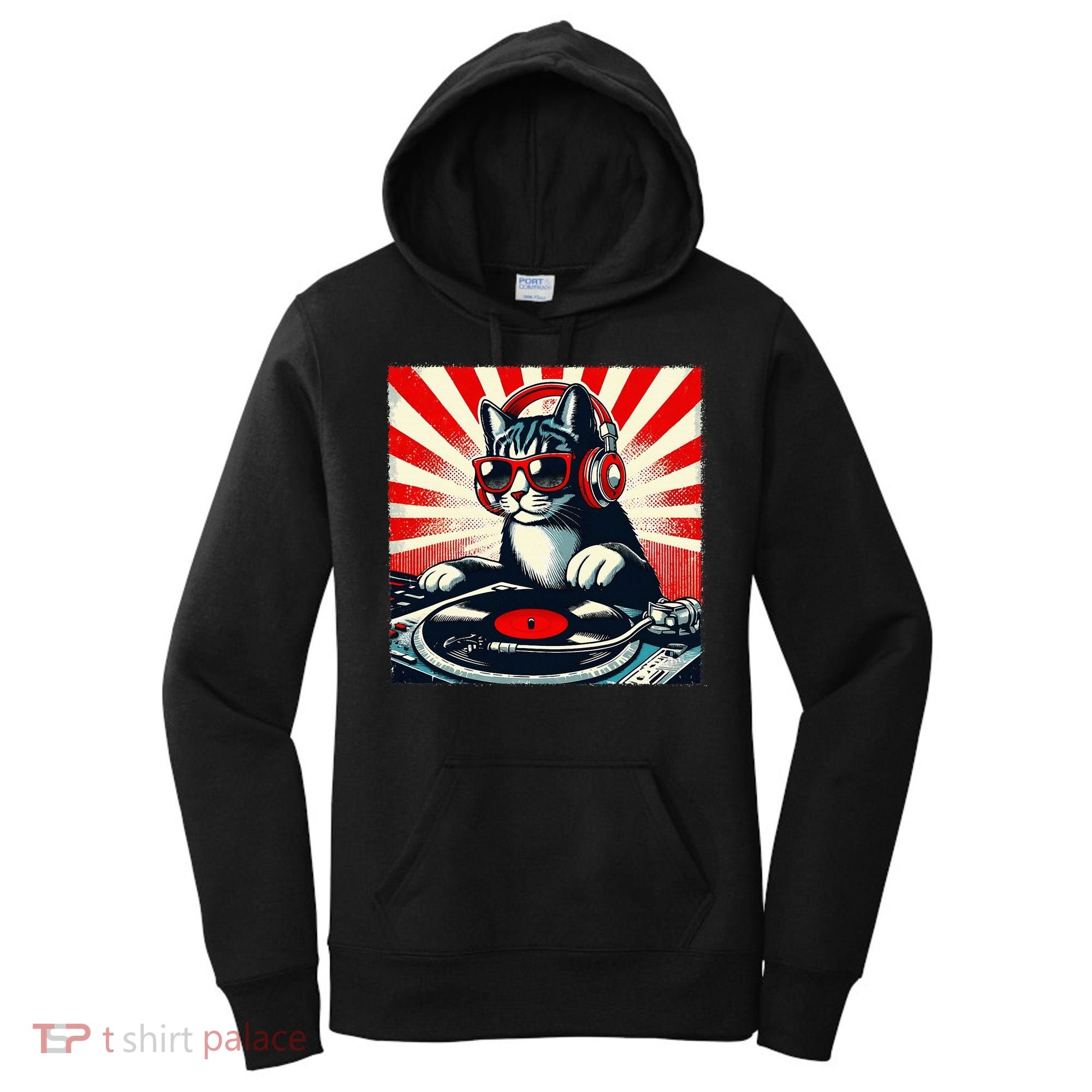 Retro Funny Dj Cat Disco Sound Tech Headphone Music Kitten Women's Hoodie