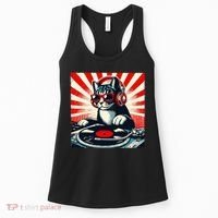 Retro Funny Dj Cat Disco Sound Tech Headphone Music Kitten Women's Tank Top thumb 0