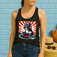 Retro Funny Dj Cat Disco Sound Tech Headphone Music Kitten Women's Tank Top thumb 2