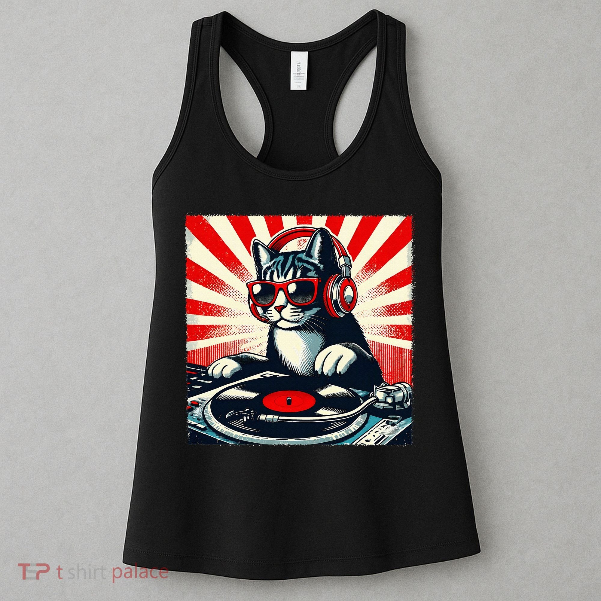 Retro Funny Dj Cat Disco Sound Tech Headphone Music Kitten Women's Tank Top