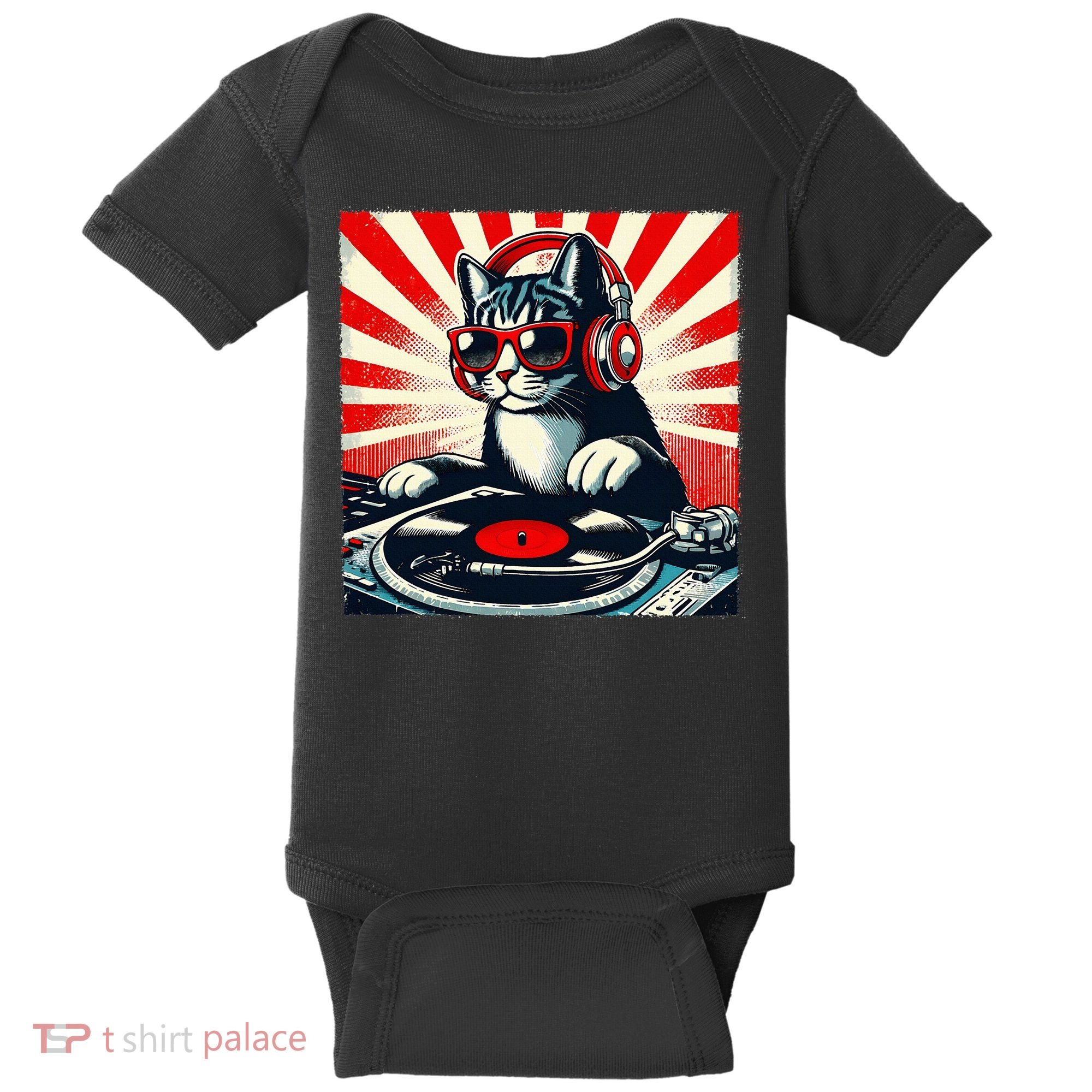 Retro Funny Dj Cat Disco Sound Tech Headphone Music Kitten Baby Bodysuit