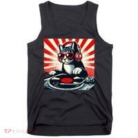 Retro Funny Dj Cat Disco Sound Tech Headphone Music Kitten Tank Top thumb 0