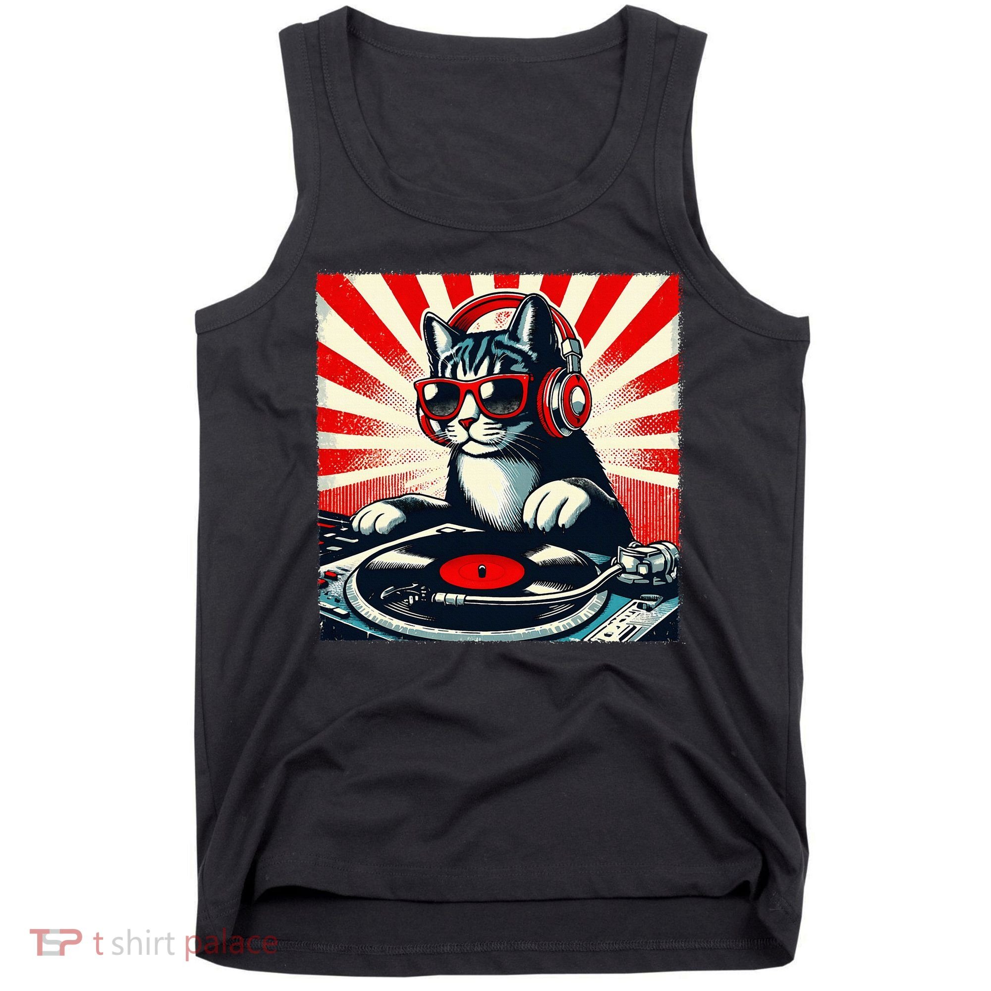 Retro Funny Dj Cat Disco Sound Tech Headphone Music Kitten Tank Top