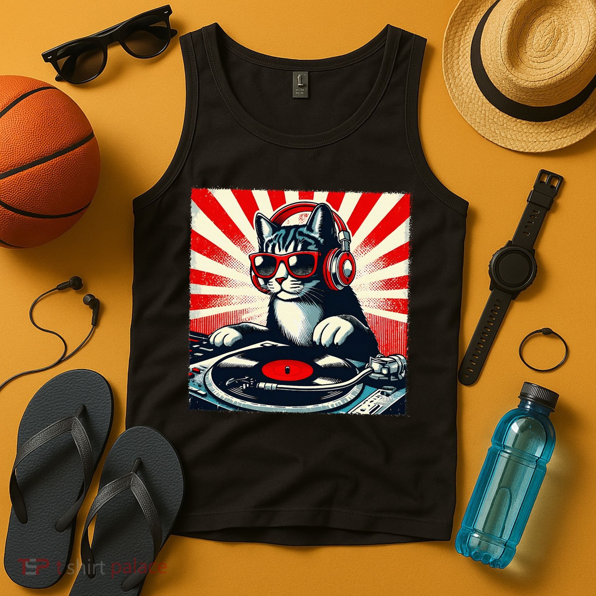 Retro Funny Dj Cat Disco Sound Tech Headphone Music Kitten Tank Top