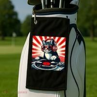 Retro Funny Dj Cat Disco Sound Tech Headphone Music Kitten Golf Towel thumb 2