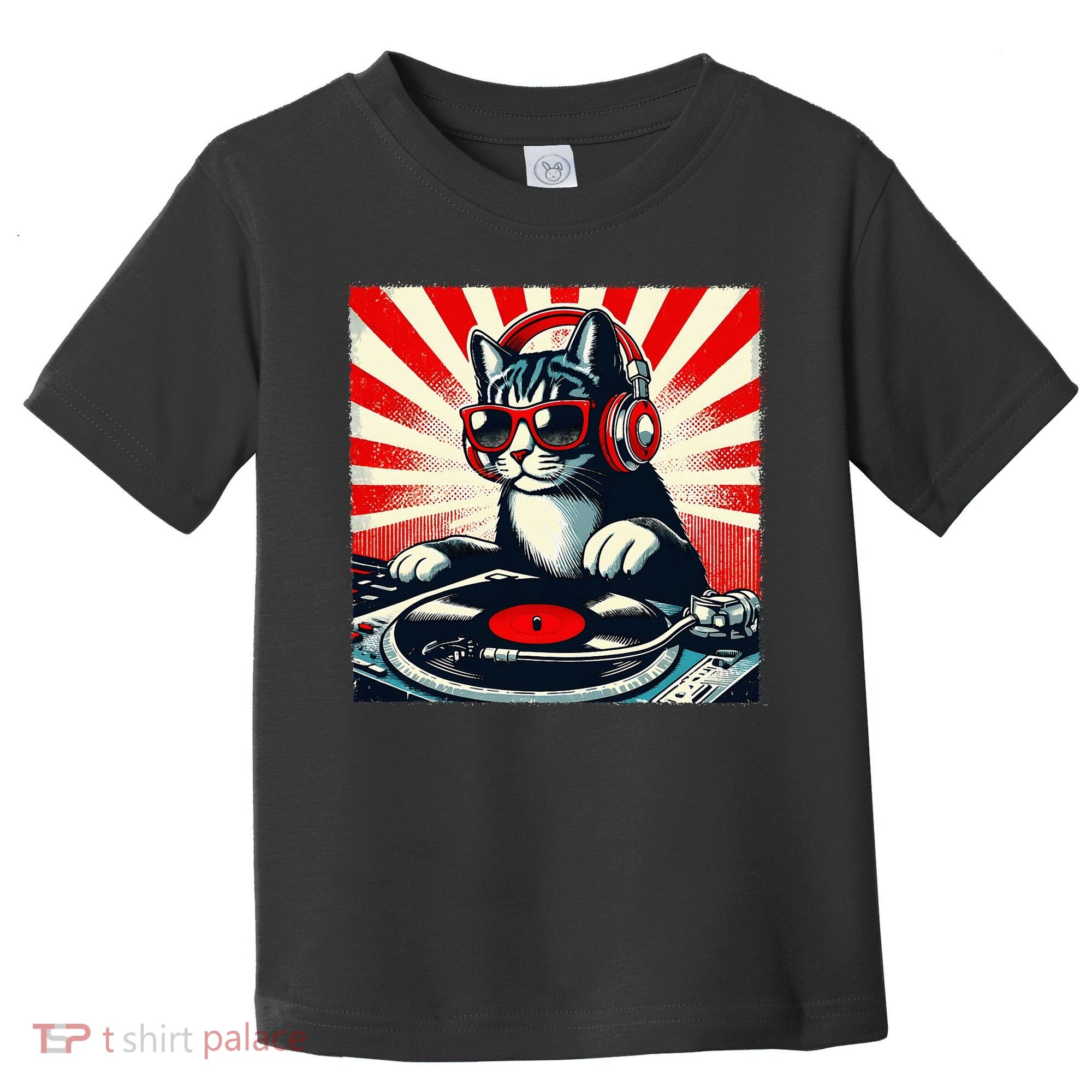 Retro Funny Dj Cat Disco Sound Tech Headphone Music Kitten Toddler T-Shirt