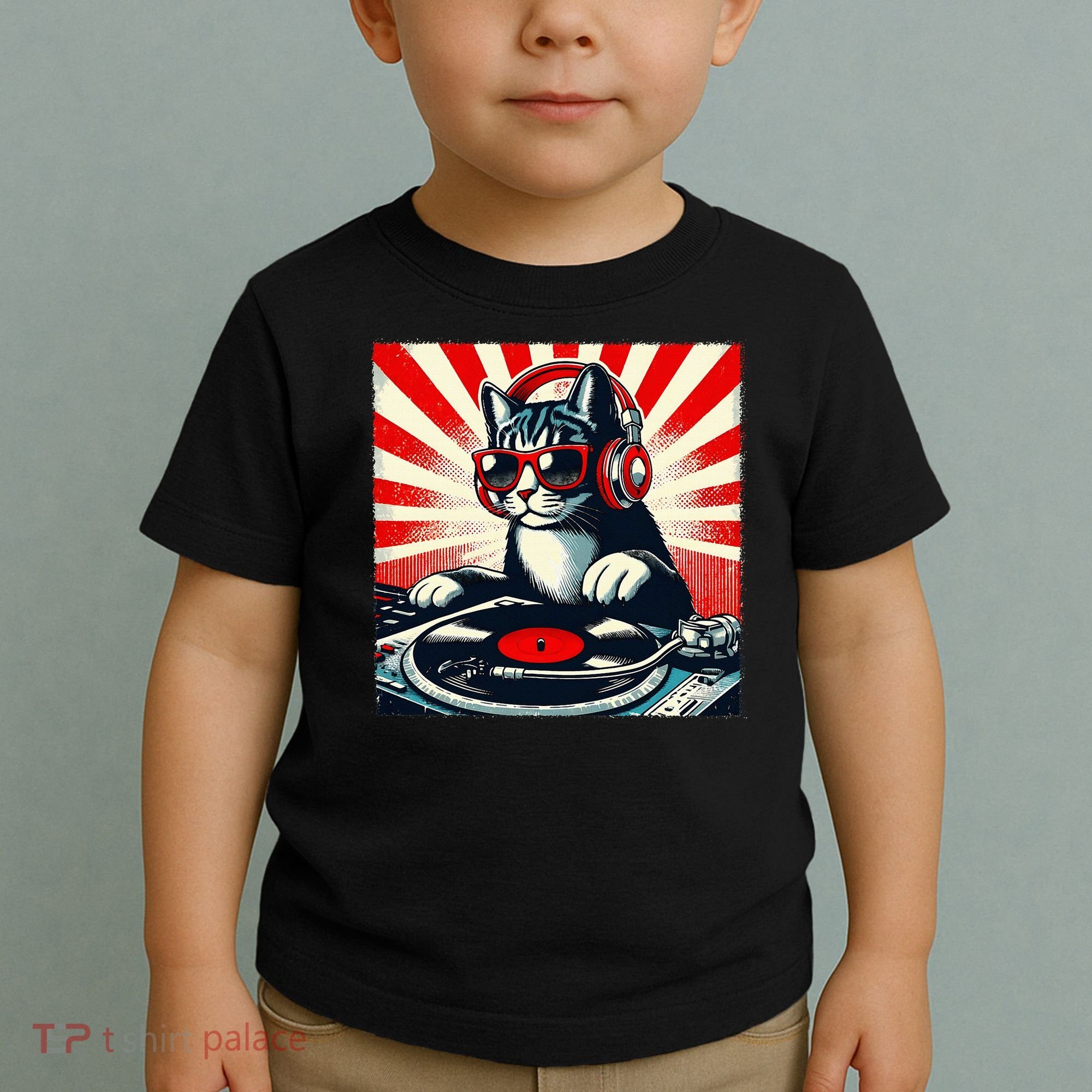 Retro Funny Dj Cat Disco Sound Tech Headphone Music Kitten Toddler T-Shirt