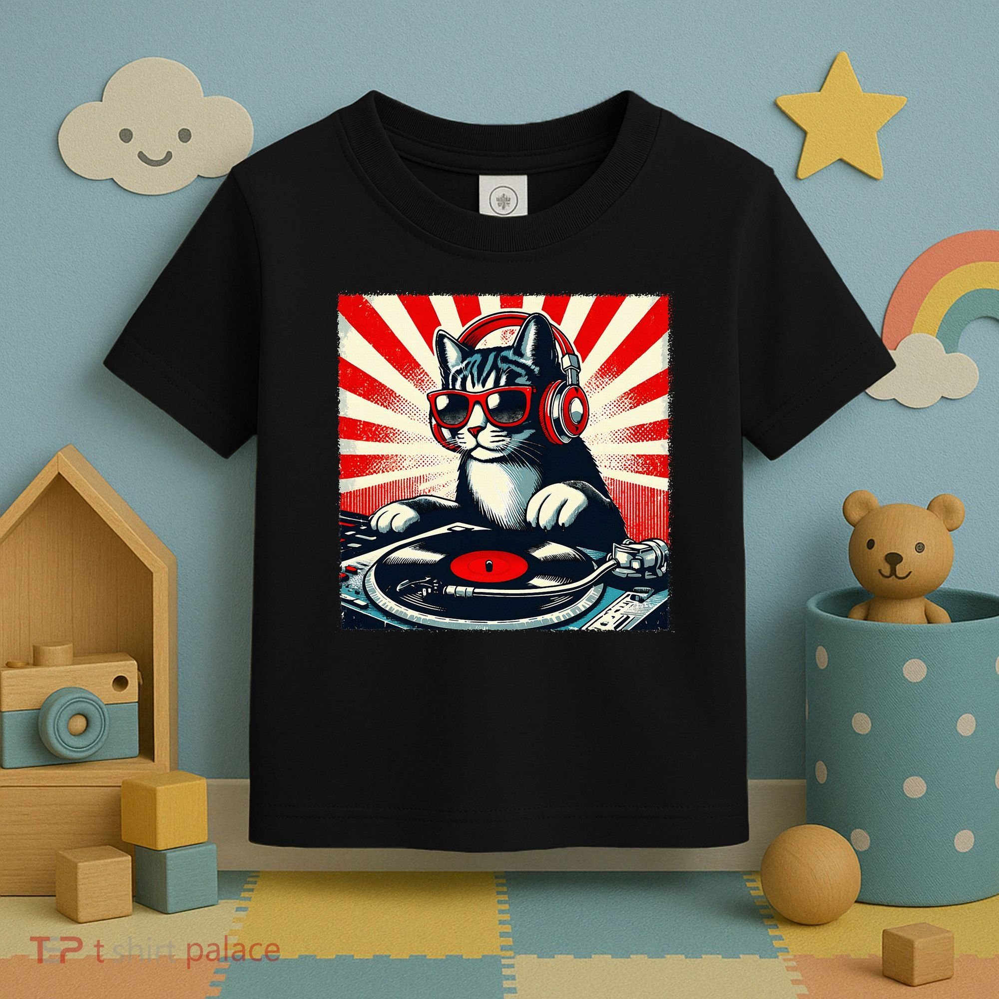 Retro Funny Dj Cat Disco Sound Tech Headphone Music Kitten Toddler T-Shirt