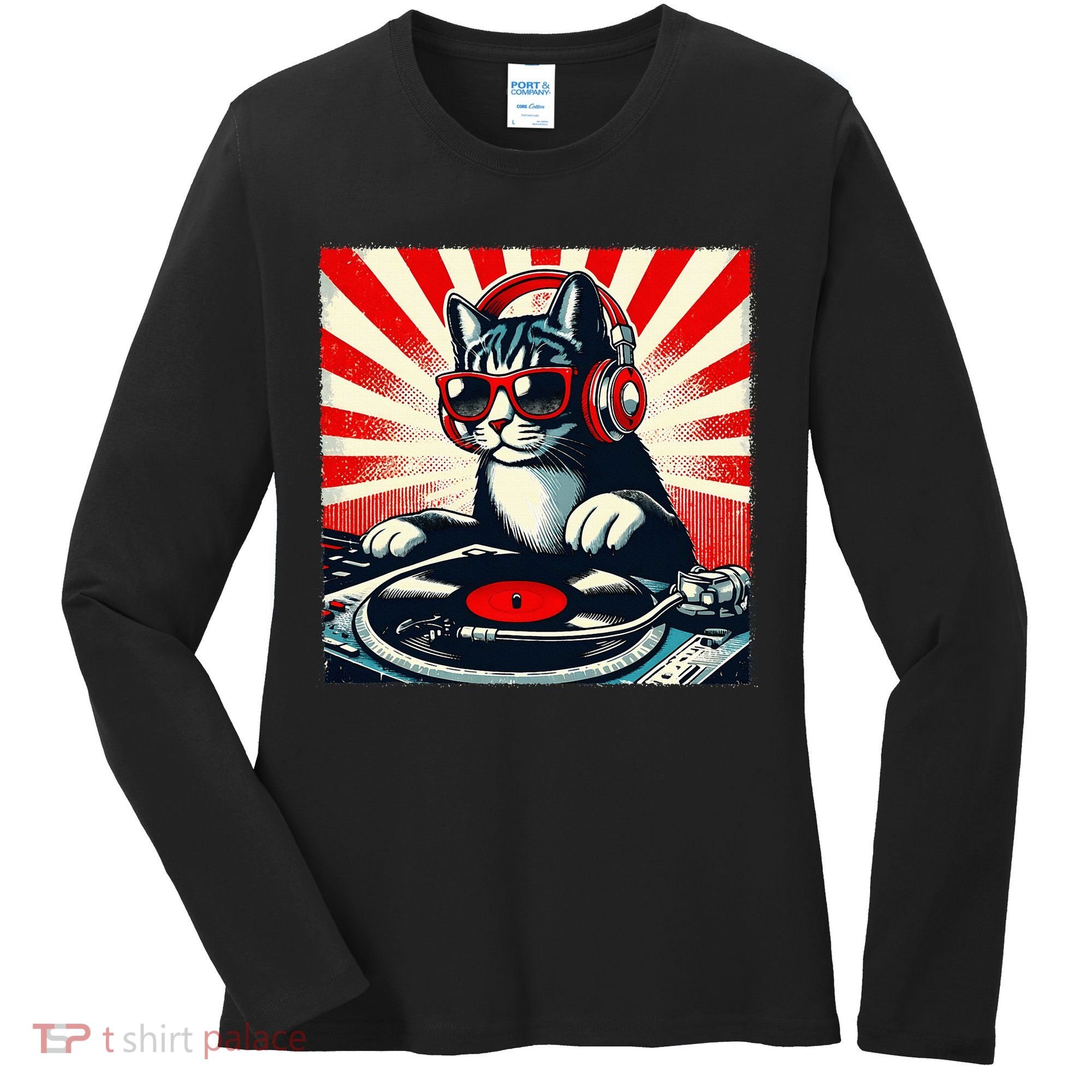 Retro Funny Dj Cat Disco Sound Tech Headphone Music Kitten Women's Long Sleeve Shirt