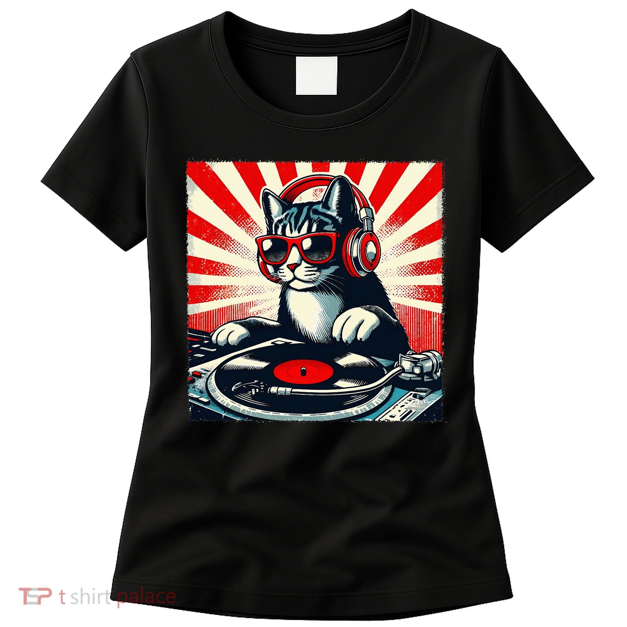 Retro Funny Dj Cat Disco Sound Tech Headphone Music Kitten Women's T-Shirt