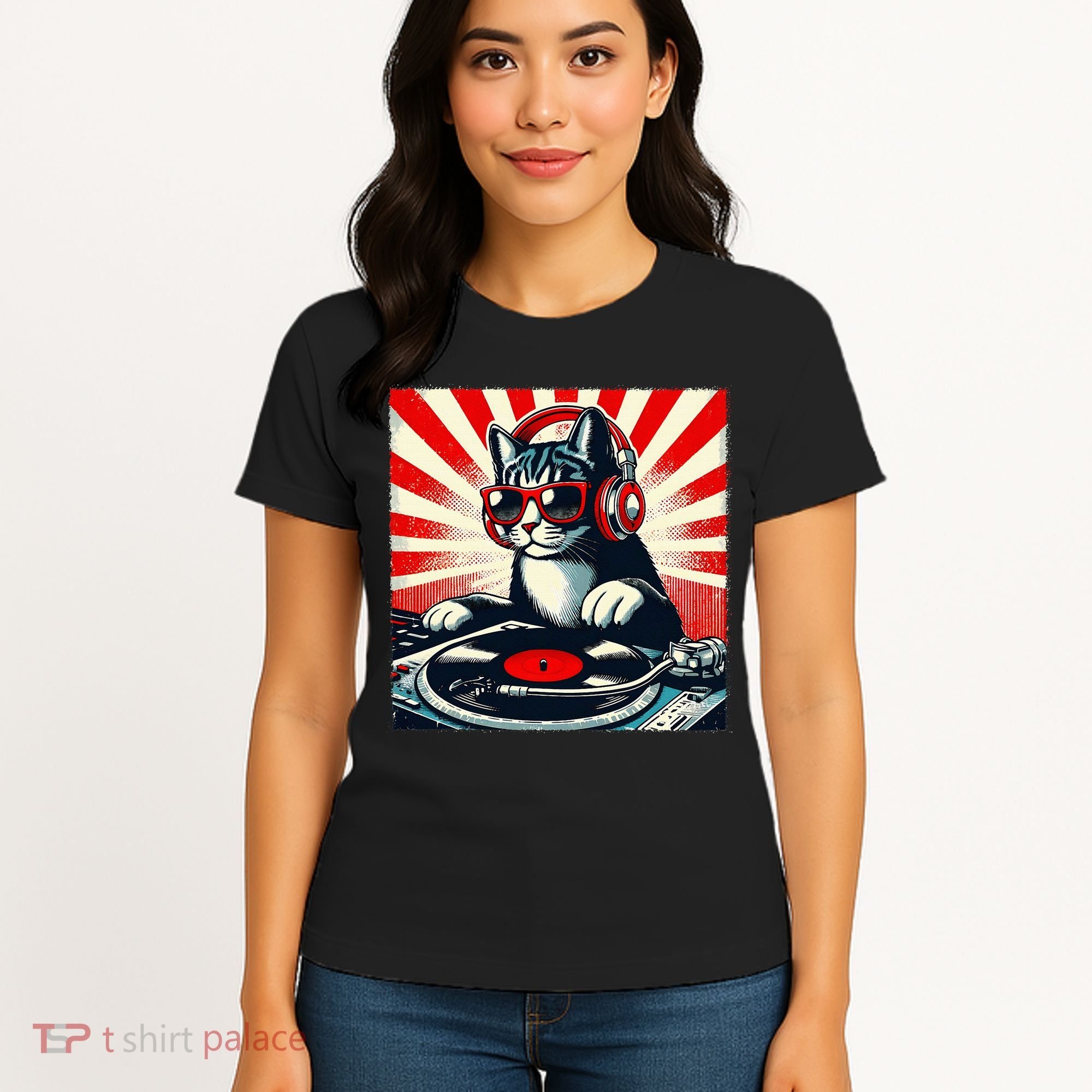 Retro Funny Dj Cat Disco Sound Tech Headphone Music Kitten Women's T-Shirt