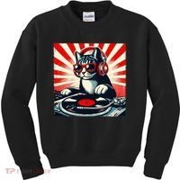 Retro Funny Dj Cat Disco Sound Tech Headphone Music Kitten Kids Sweatshirt thumb 0