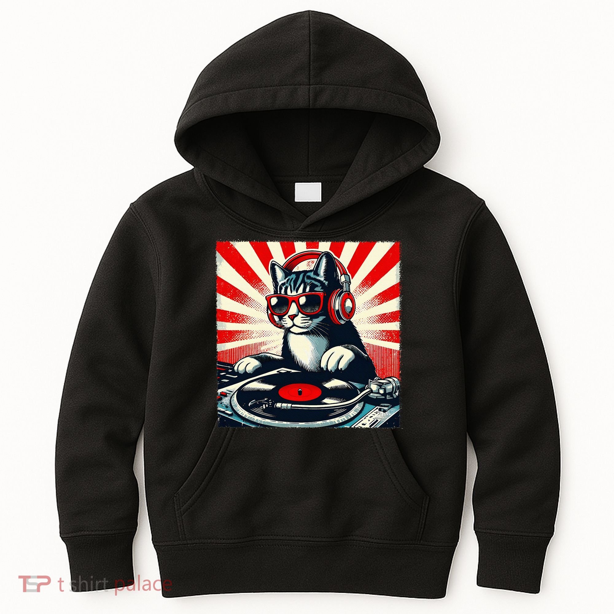 Retro Funny Dj Cat Disco Sound Tech Headphone Music Kitten Kids Hoodie