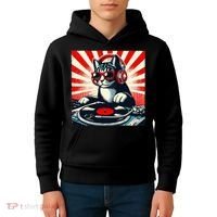 Retro Funny Dj Cat Disco Sound Tech Headphone Music Kitten Kids Hoodie thumb 4