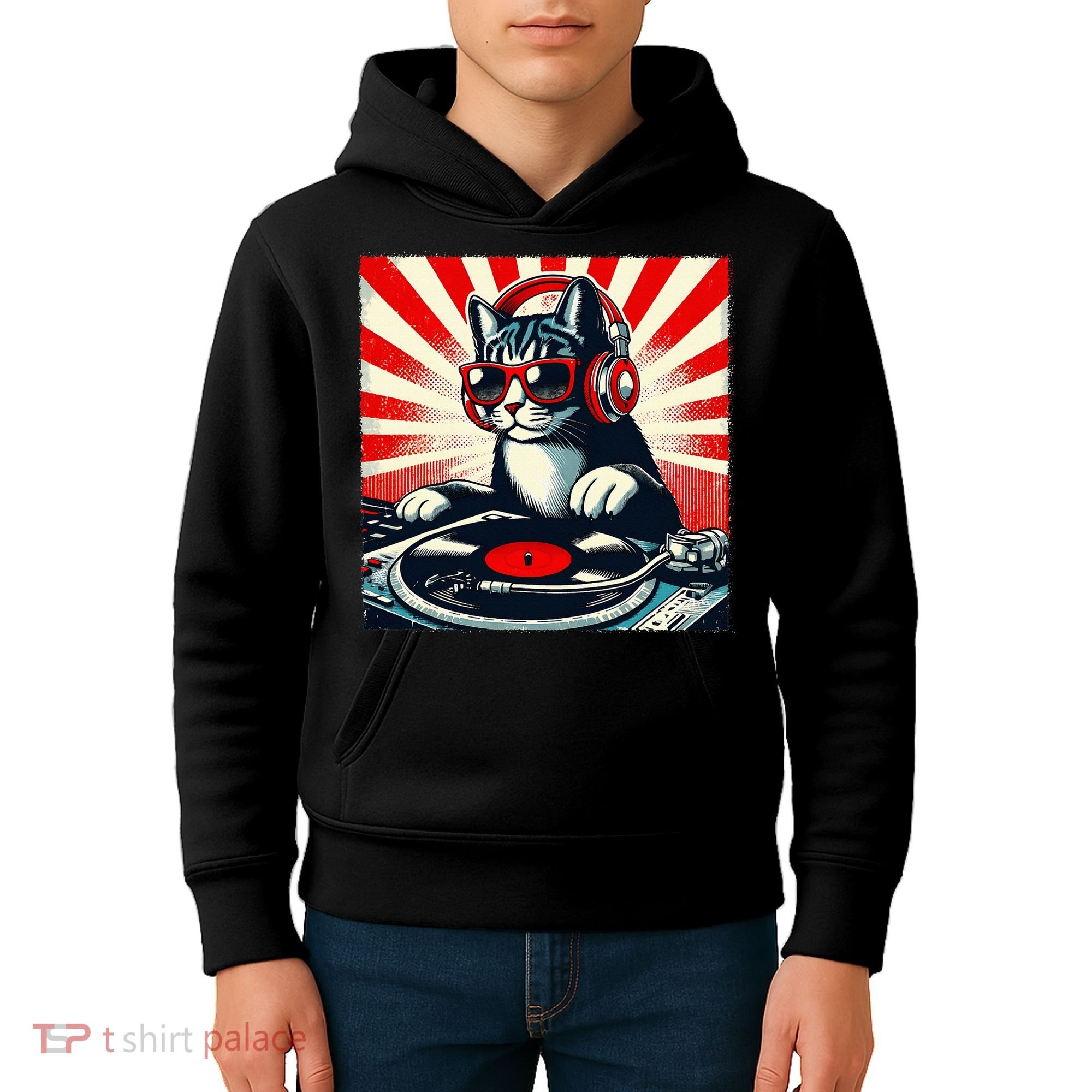 Retro Funny Dj Cat Disco Sound Tech Headphone Music Kitten Kids Hoodie