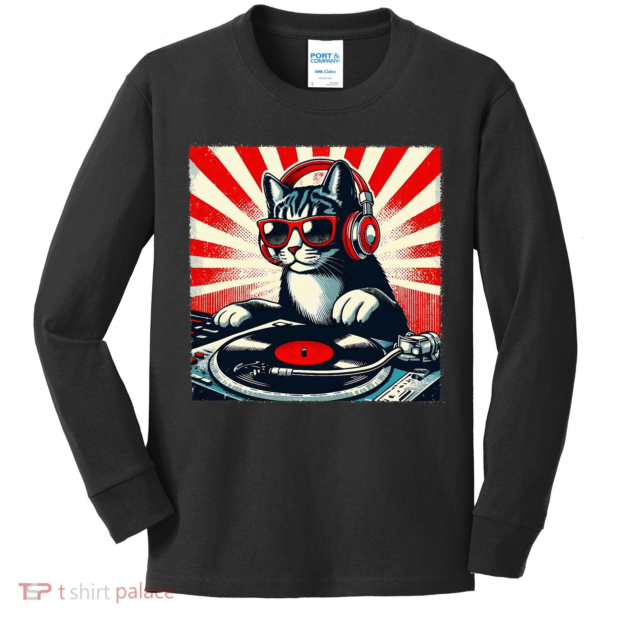 Retro Funny Dj Cat Disco Sound Tech Headphone Music Kitten Kids Long Sleeve Shirt