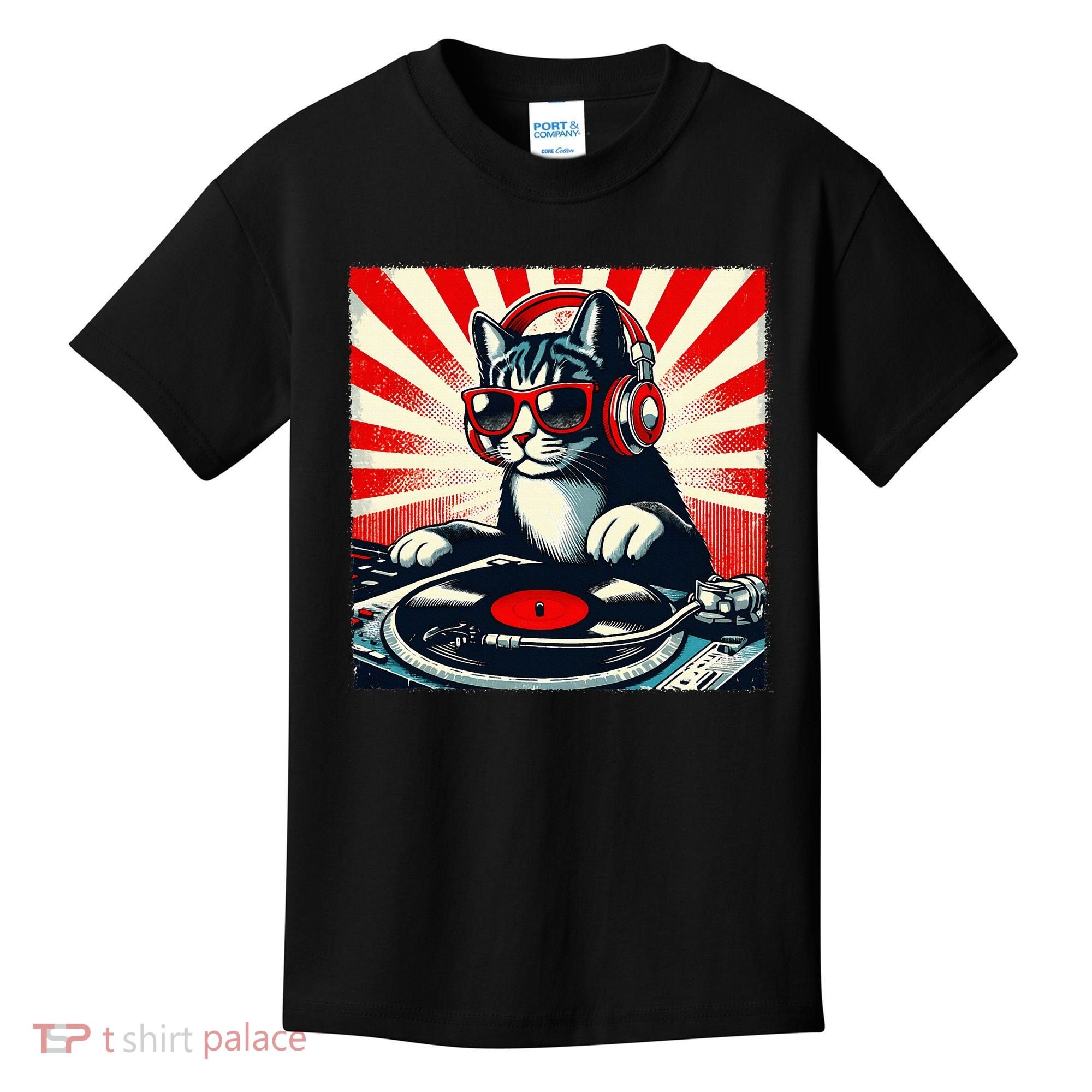 Retro Funny Dj Cat Disco Sound Tech Headphone Music Kitten Kids T-Shirt