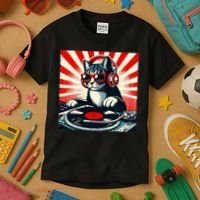 Retro Funny Dj Cat Disco Sound Tech Headphone Music Kitten Kids T-Shirt thumb 3