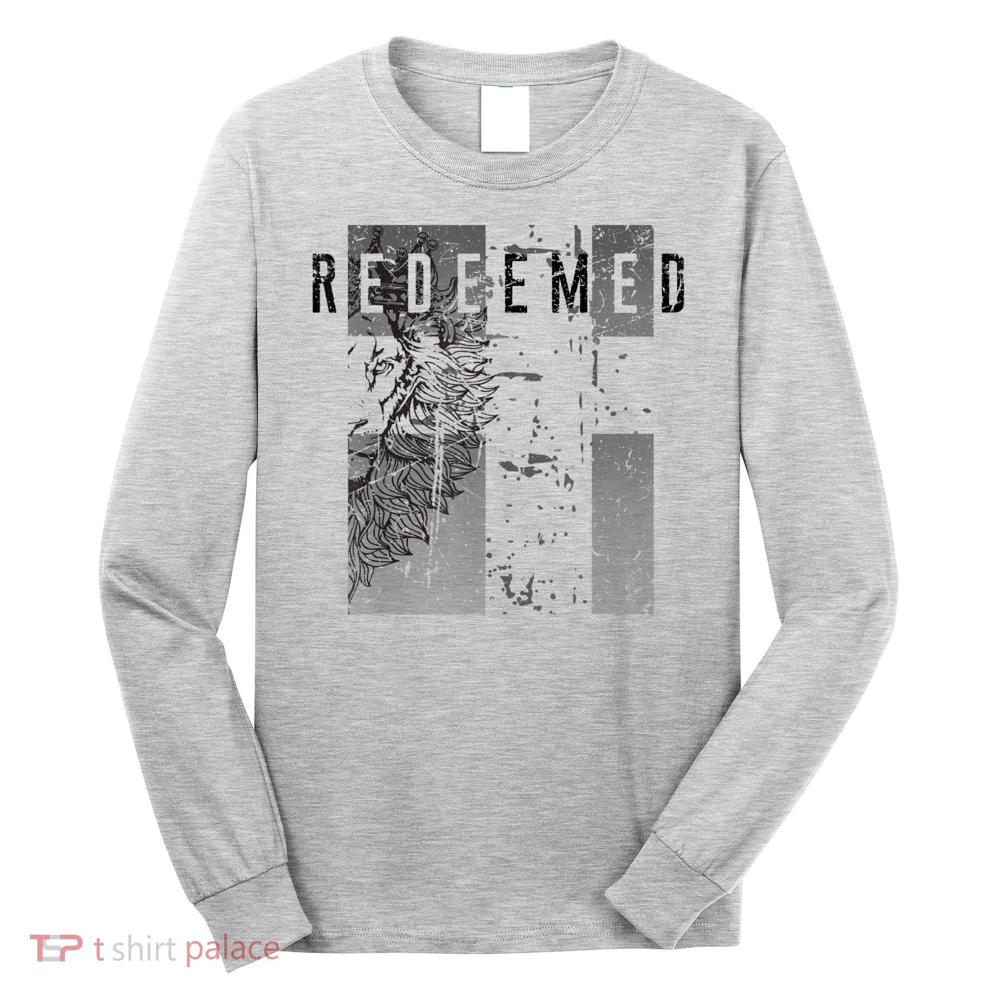 Redeemed Faded Distressed Grunge Lion With Cross Christian Long Sleeve Shirt
