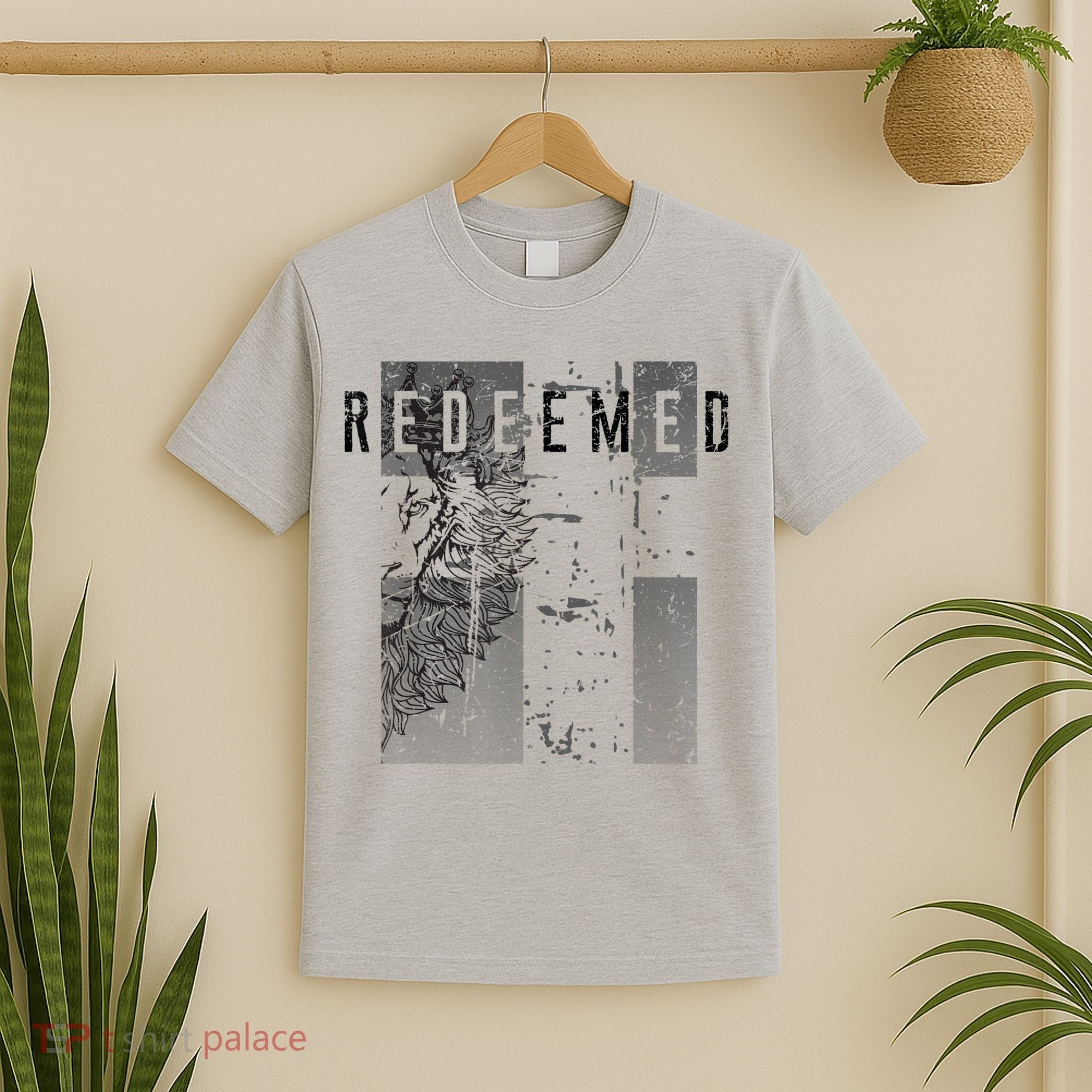 Redeemed Faded Distressed Grunge Lion With Cross Christian T-Shirt