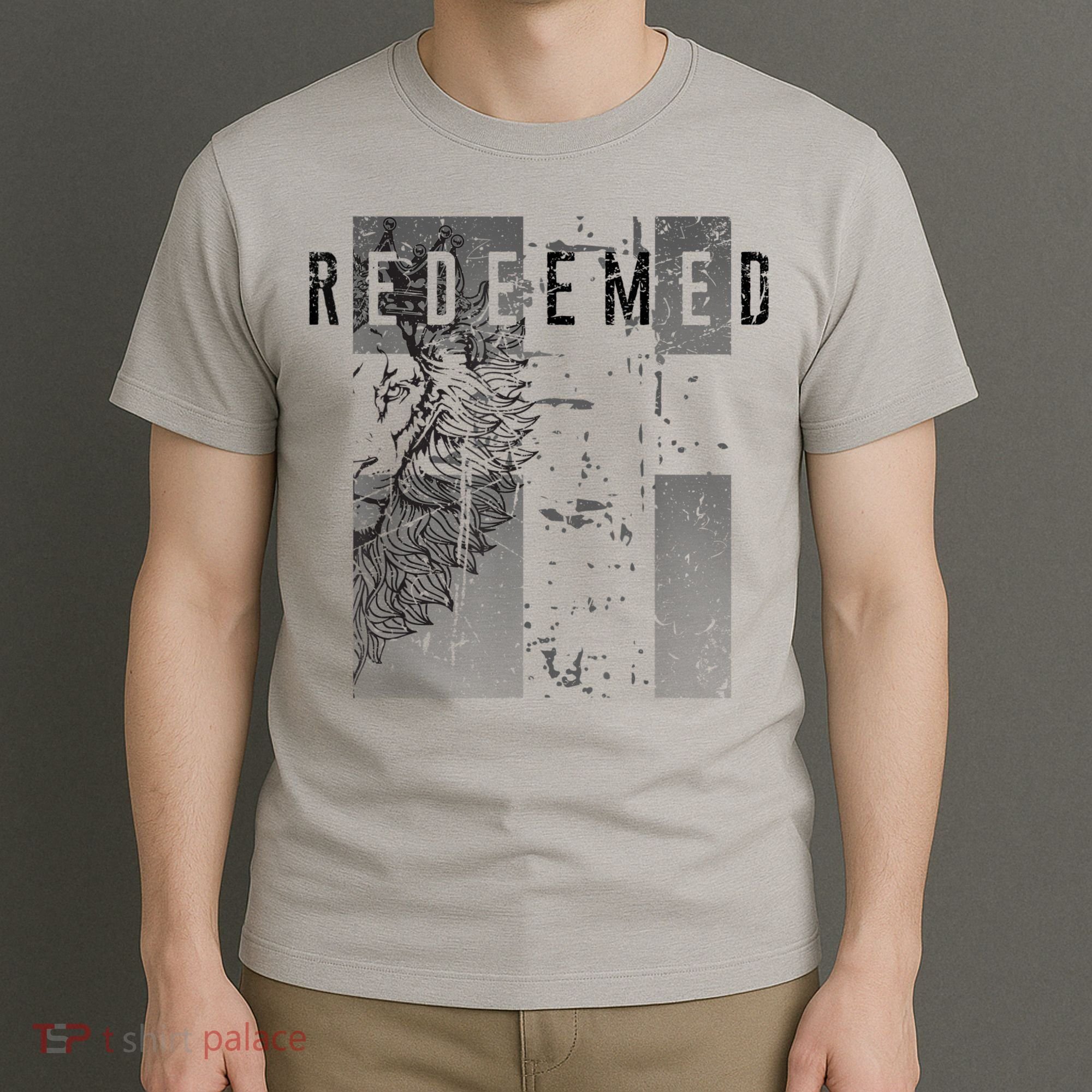 Redeemed Faded Distressed Grunge Lion With Cross Christian T-Shirt