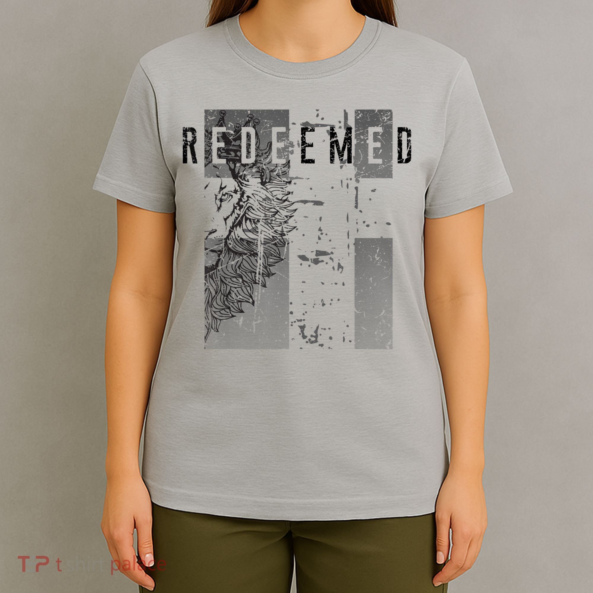 Redeemed Faded Distressed Grunge Lion With Cross Christian T-Shirt