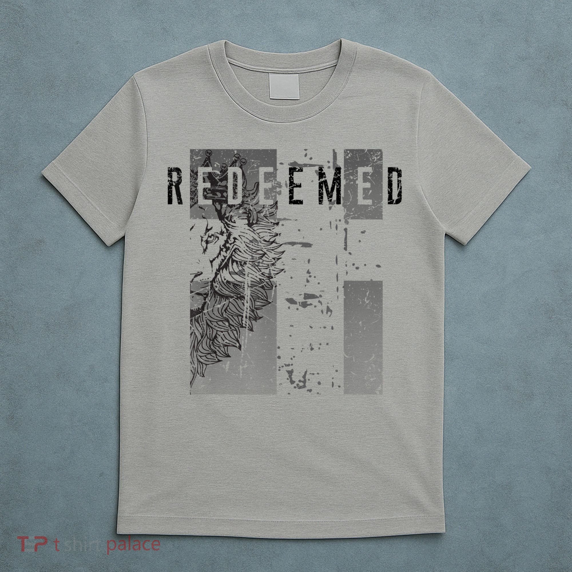 Redeemed Faded Distressed Grunge Lion With Cross Christian T-Shirt