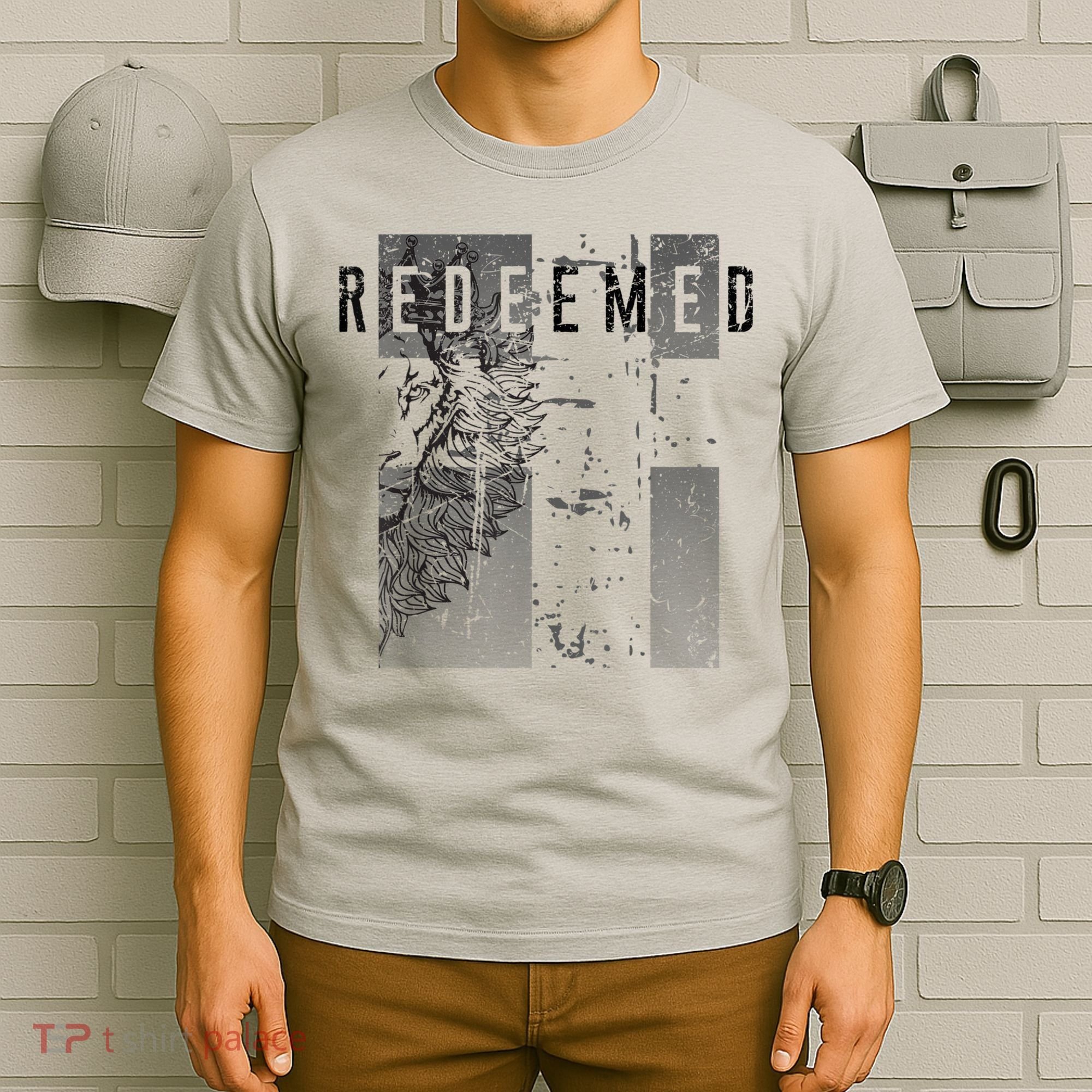 Redeemed Faded Distressed Grunge Lion With Cross Christian T-Shirt