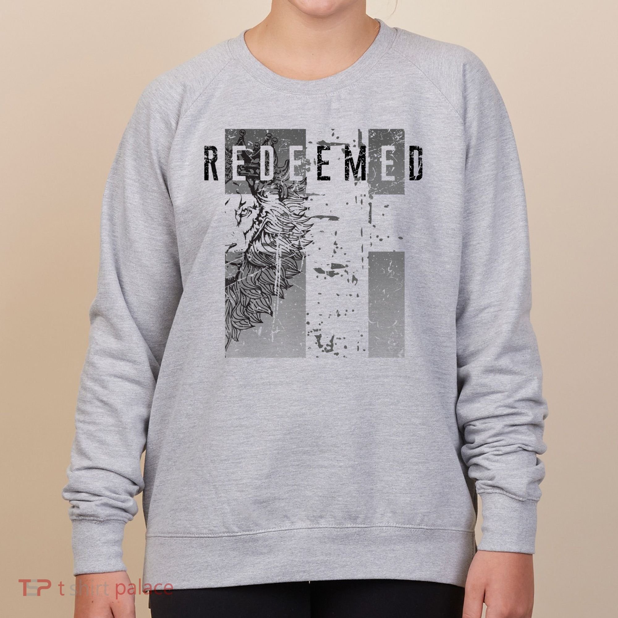 Redeemed Faded Distressed Grunge Lion With Cross Christian Women's Sweatshirt