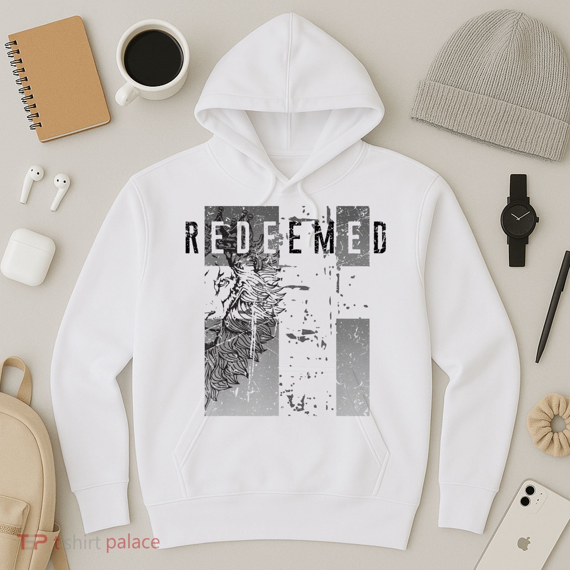 Redeemed Faded Distressed Grunge Lion With Cross Christian Hoodie