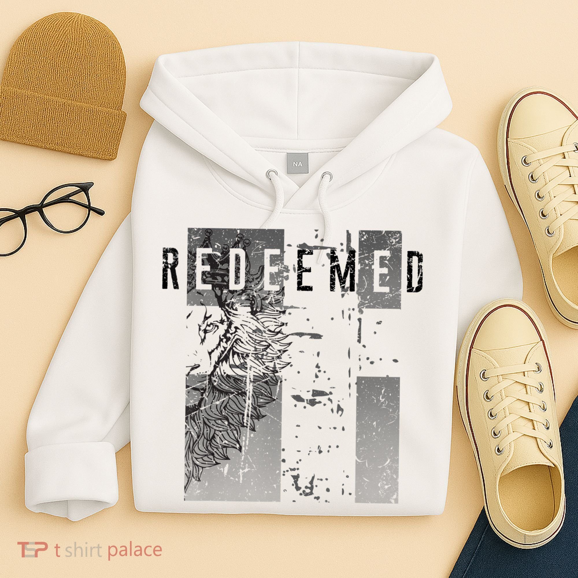 Redeemed Faded Distressed Grunge Lion With Cross Christian Hoodie