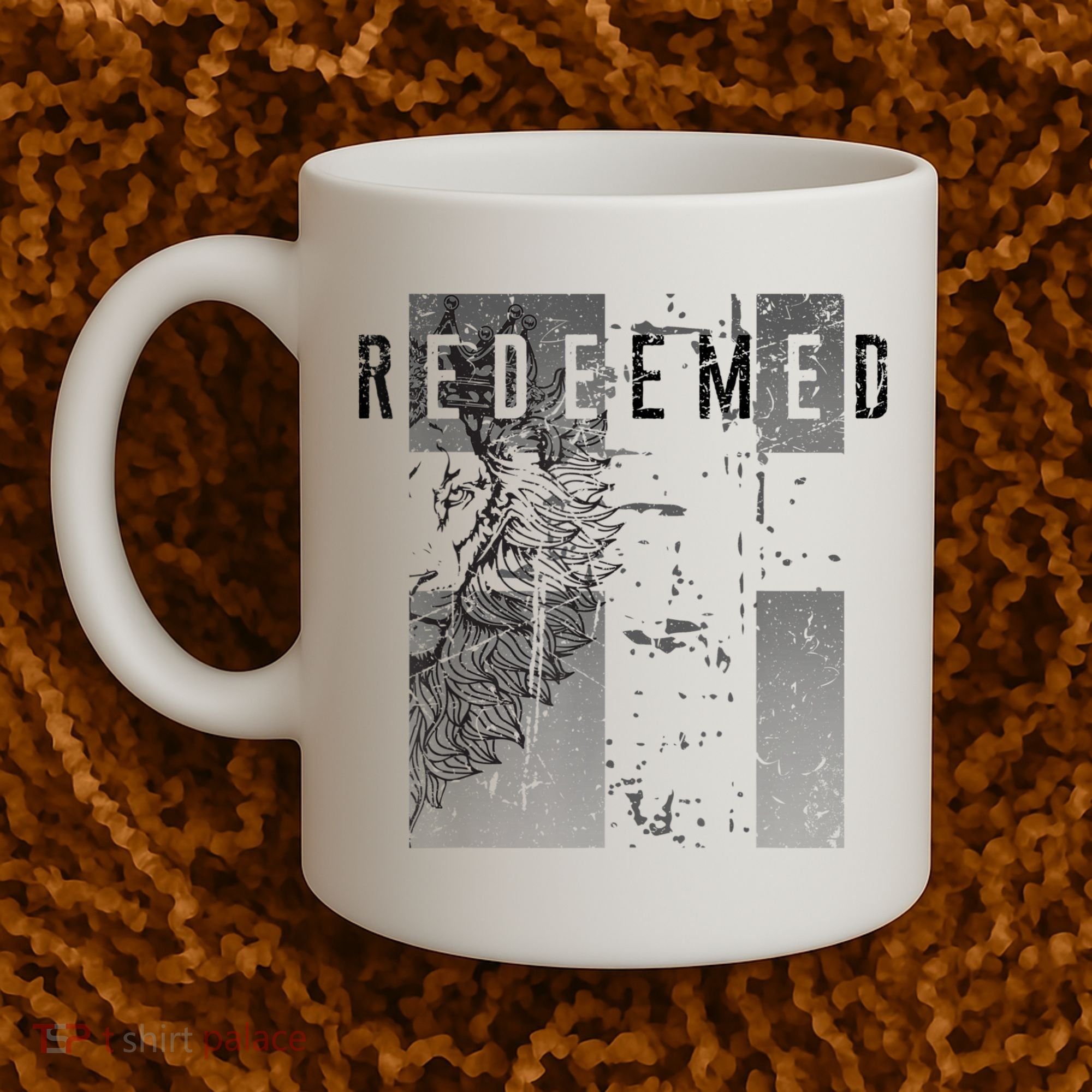 Redeemed Faded Distressed Grunge Lion With Cross Christian Coffee Mug