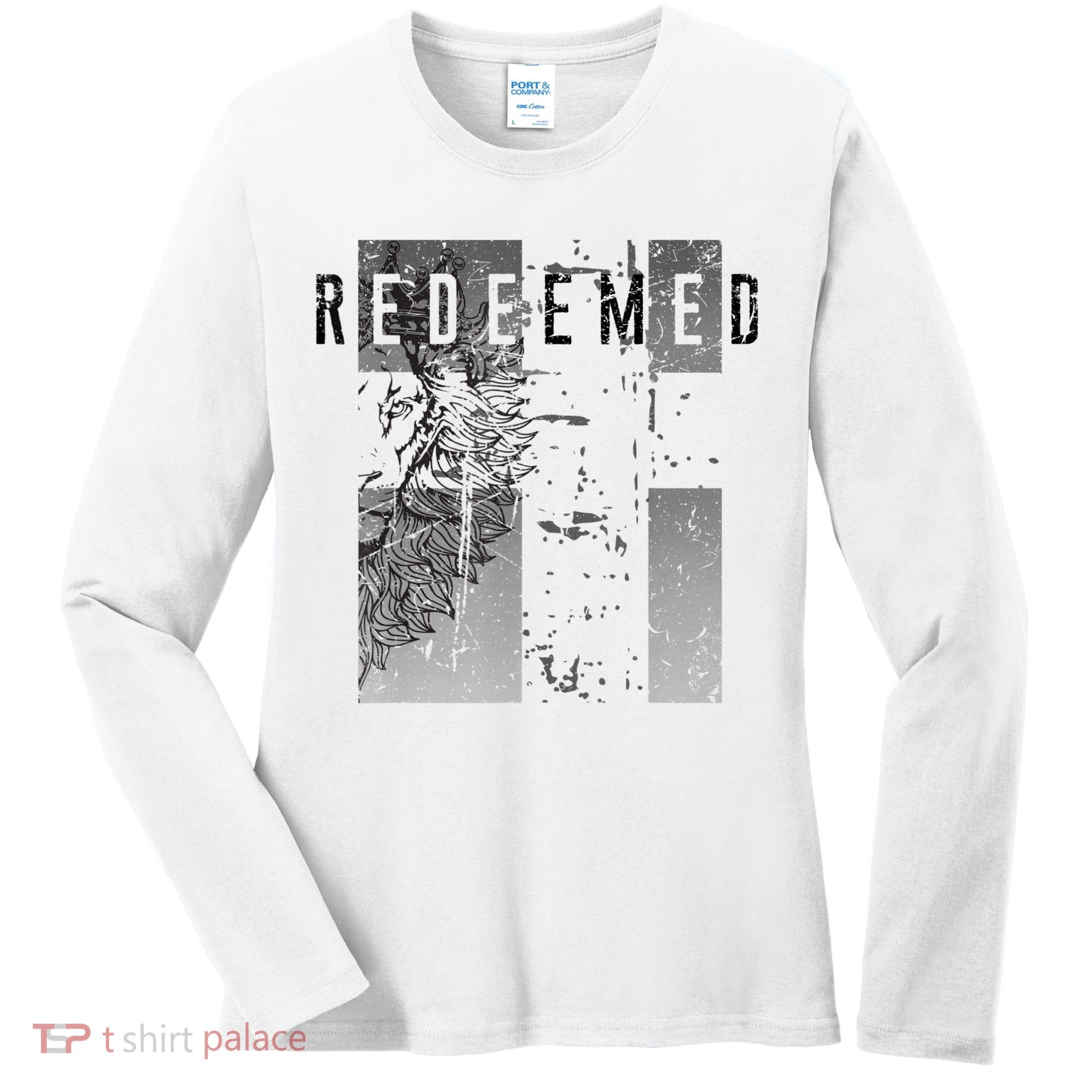 Redeemed Faded Distressed Grunge Lion With Cross Christian Women's Long Sleeve Shirt