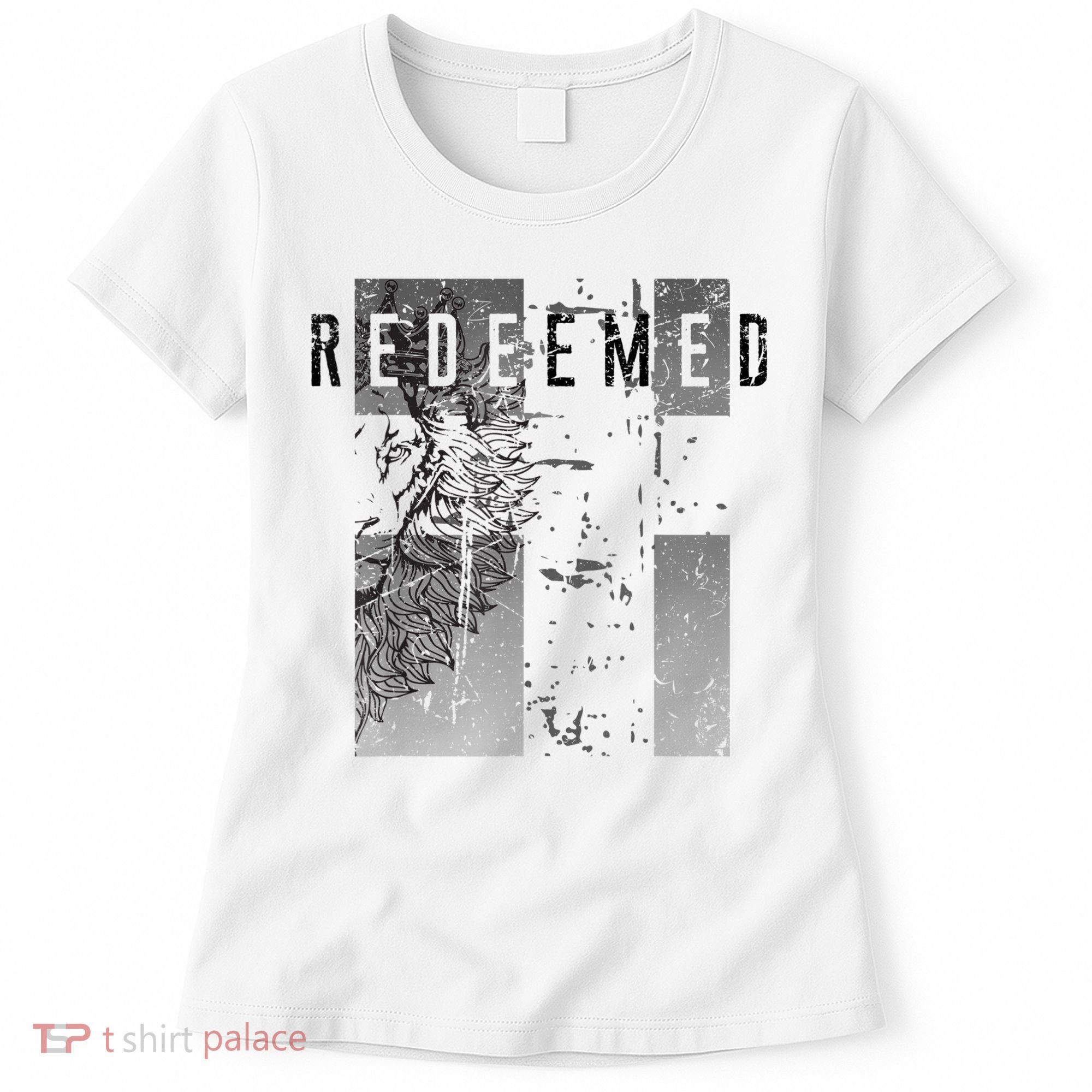 Redeemed Faded Distressed Grunge Lion With Cross Christian Women's T-Shirt
