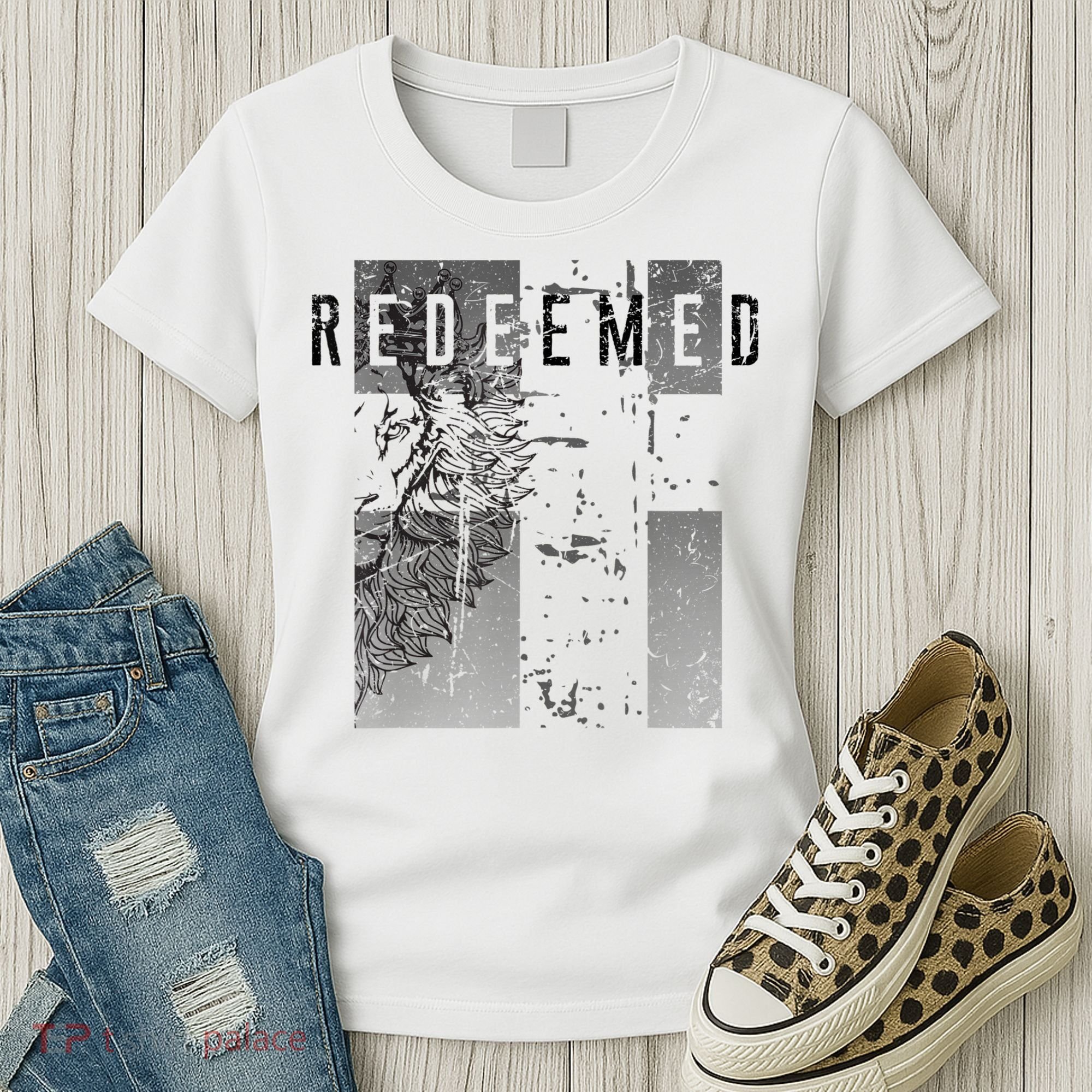 Redeemed Faded Distressed Grunge Lion With Cross Christian Women's T-Shirt