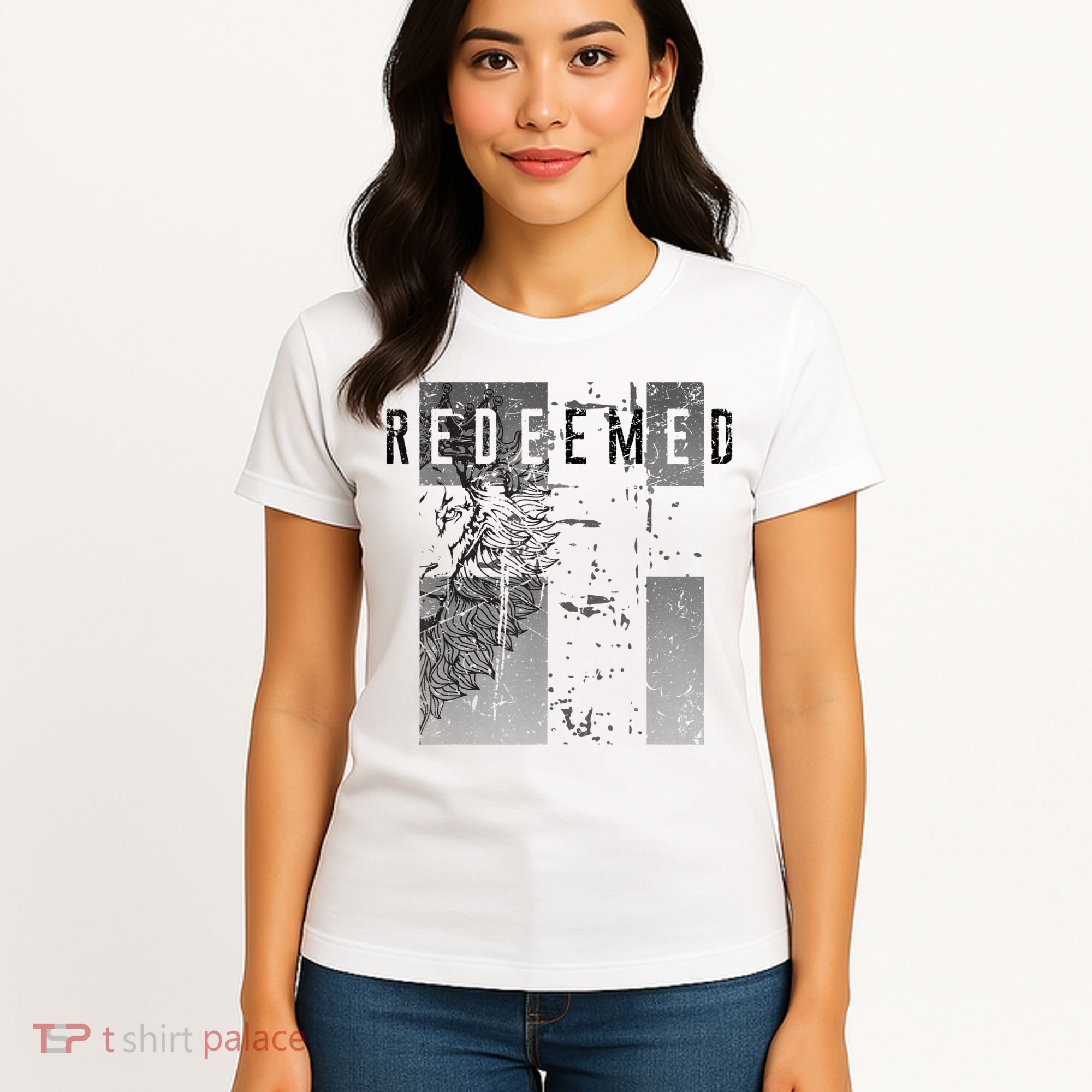Redeemed Faded Distressed Grunge Lion With Cross Christian Women's T-Shirt