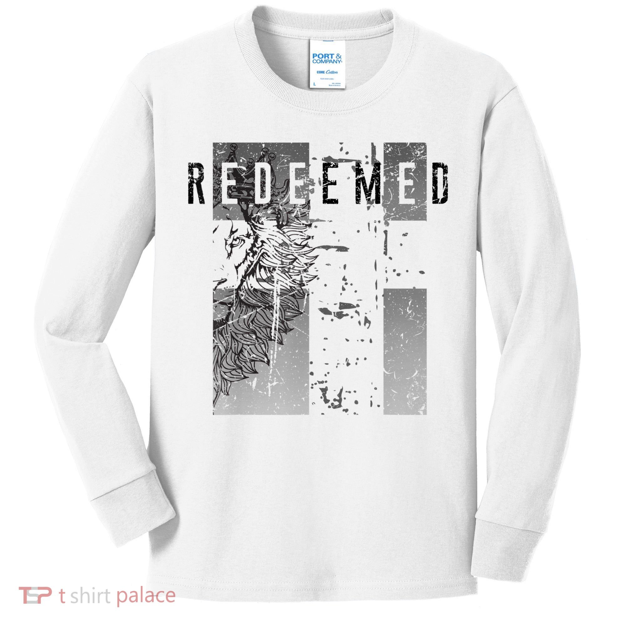 Redeemed Faded Distressed Grunge Lion With Cross Christian Kids Long Sleeve Shirt