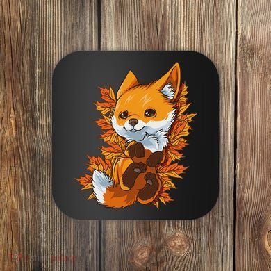 Red Forest Fox Baby Animal Autumn Fall Leaves Coaster