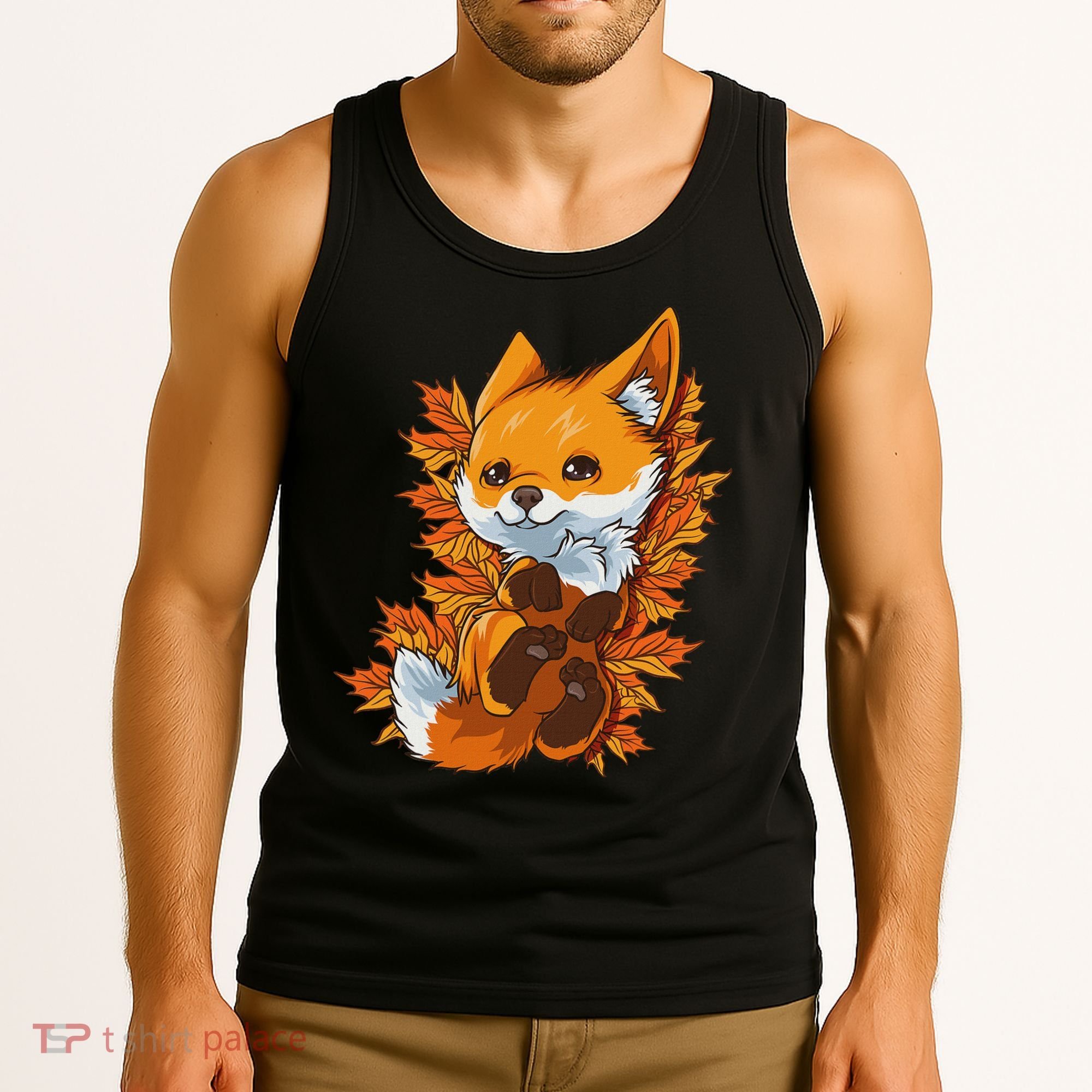 Red Forest Fox Baby Animal Autumn Fall Leaves Tank Top
