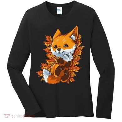 Red Forest Fox Baby Animal Autumn Fall Leaves Women's Long Sleeve Shirt