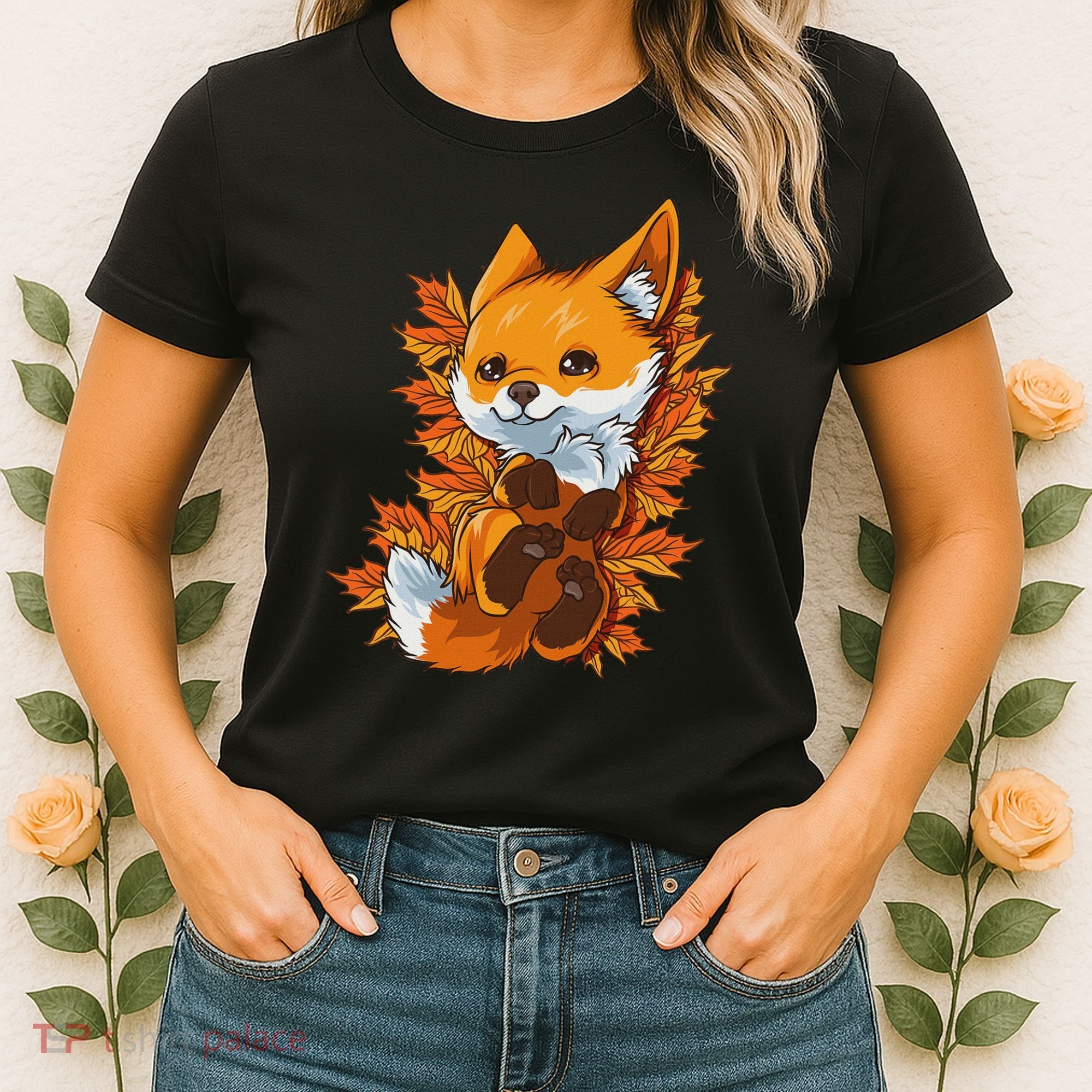 Red Forest Fox Baby Animal Autumn Fall Leaves Women's T-Shirt