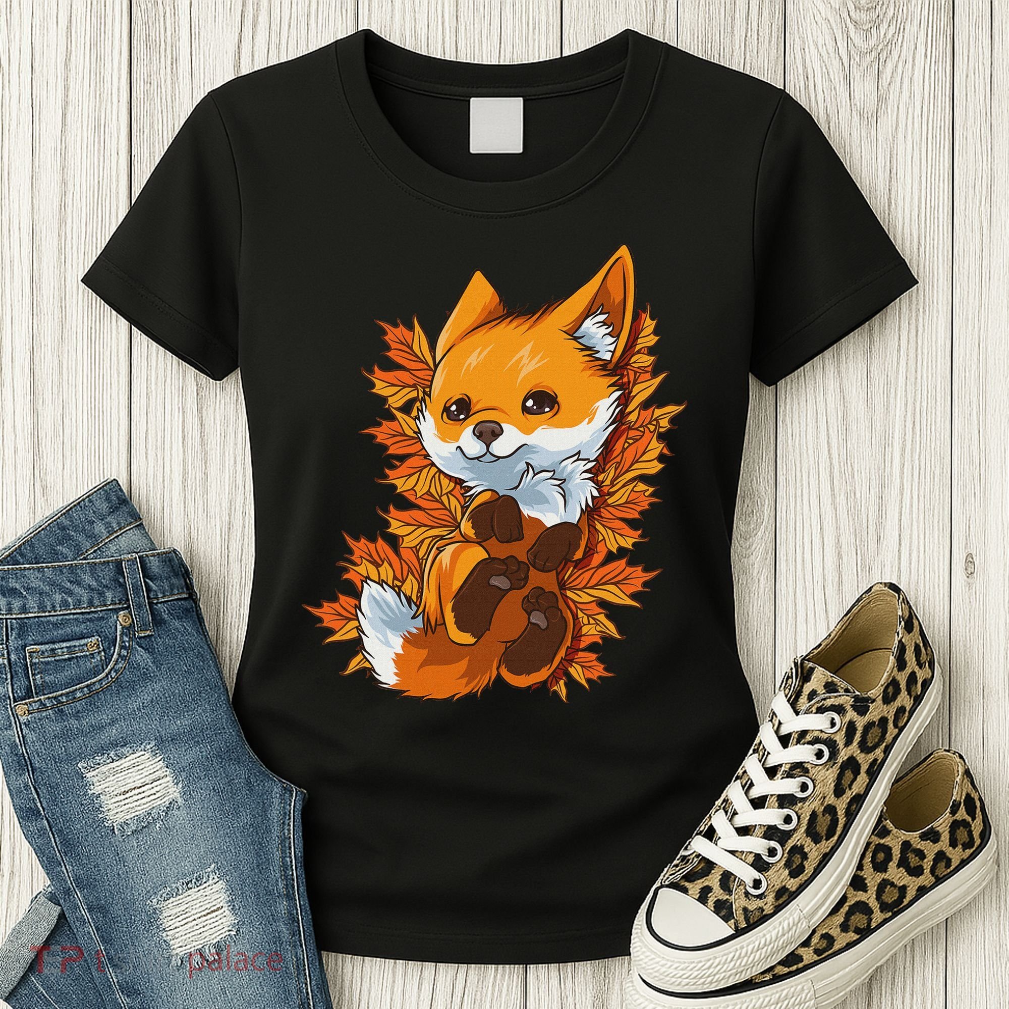 Red Forest Fox Baby Animal Autumn Fall Leaves Women's T-Shirt