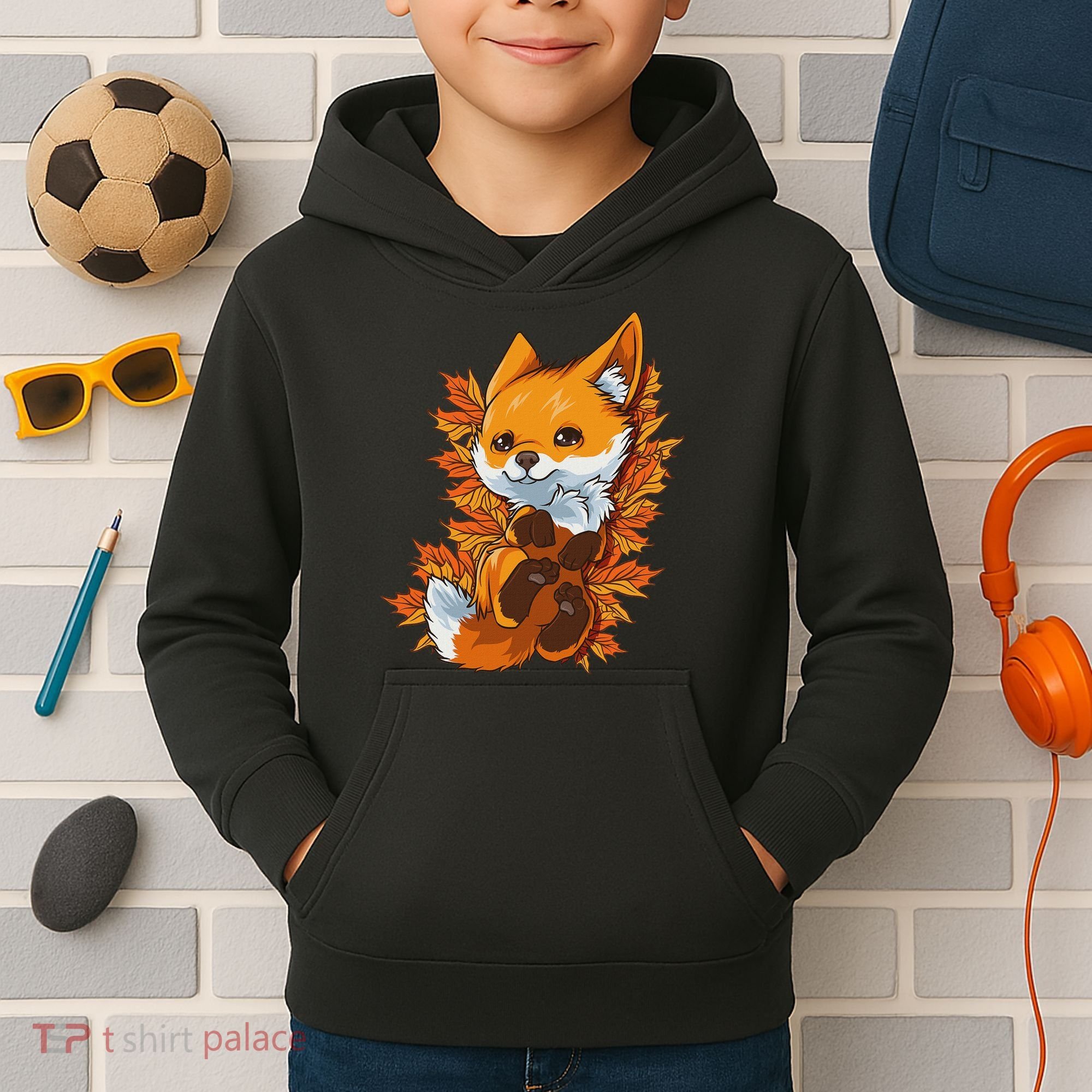 Red Forest Fox Baby Animal Autumn Fall Leaves Kids Hoodie