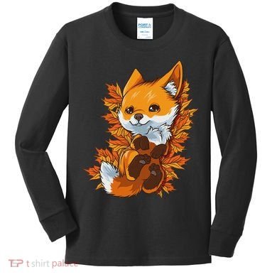 Red Forest Fox Baby Animal Autumn Fall Leaves Kids Long Sleeve Shirt