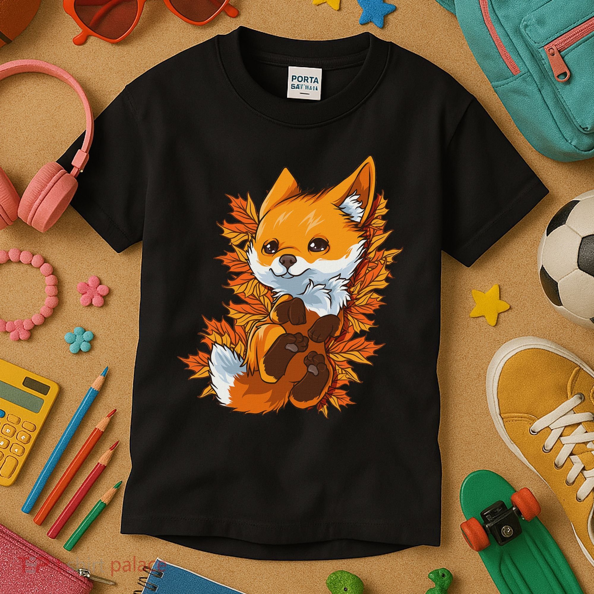 Red Forest Fox Baby Animal Autumn Fall Leaves Kids T-Shirt