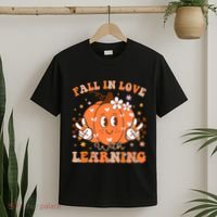 Retro Fall In Love With Learning Autumn Pumpkin Teacher T-Shirt thumb 2