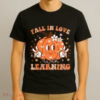 Retro Fall In Love With Learning Autumn Pumpkin Teacher T-Shirt thumb 3