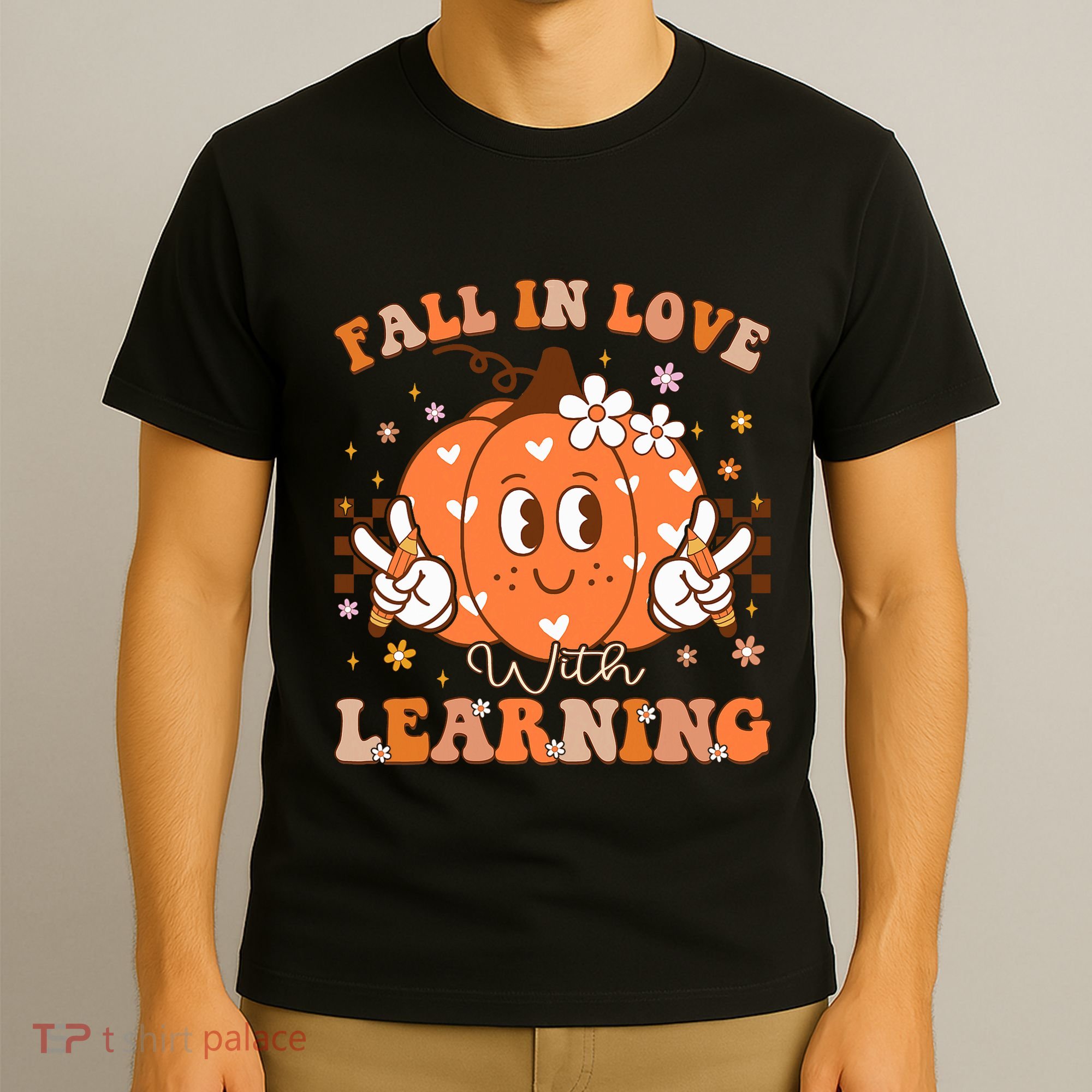 Retro Fall In Love With Learning Autumn Pumpkin Teacher T-Shirt