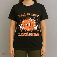 Retro Fall In Love With Learning Autumn Pumpkin Teacher T-Shirt thumb 4